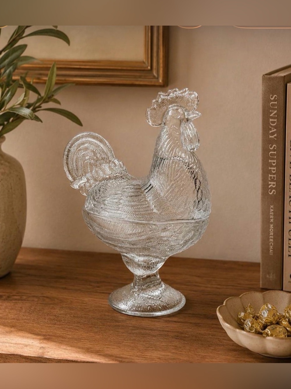 Vintage Clear Glass Rooster Covered Candy Dish | Chicken Pedestal Trinket Box